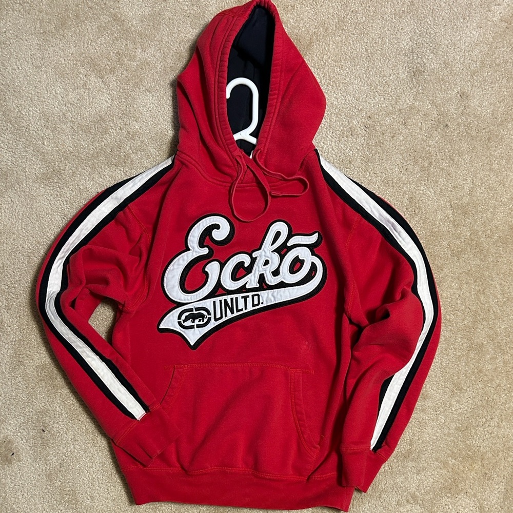 Ecko Unlimited Red Pullover Hoodie with Black & White Accents